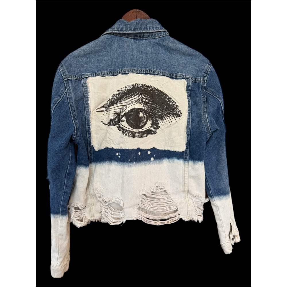 Upcycled Eye Denim Jacket Medium | Cropped Distressed Folk Art